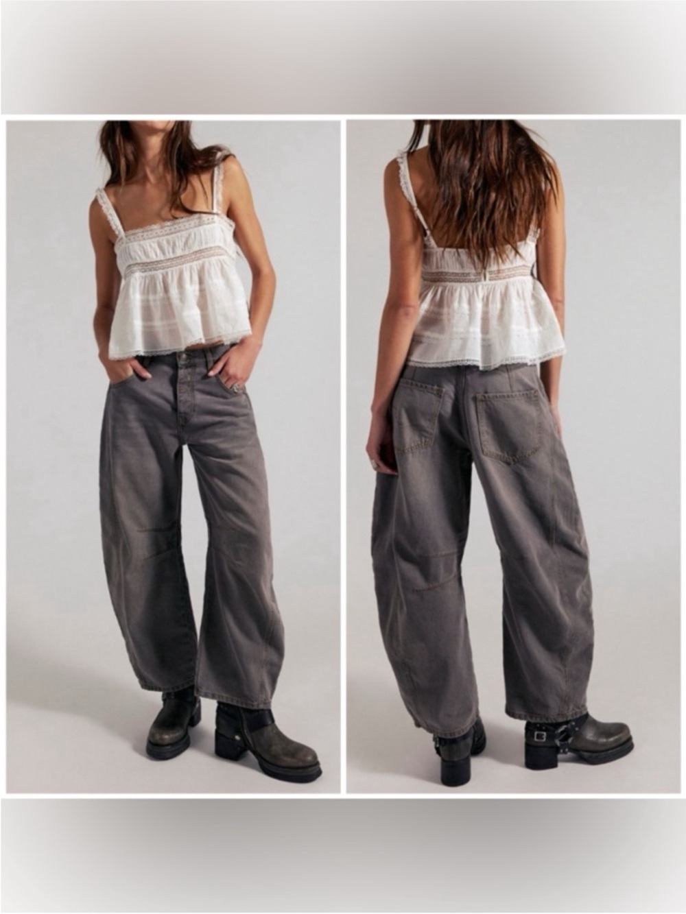 NWOT Free People We The Free Good Luck Mid-Rise Barrel Jeans Archive Grey